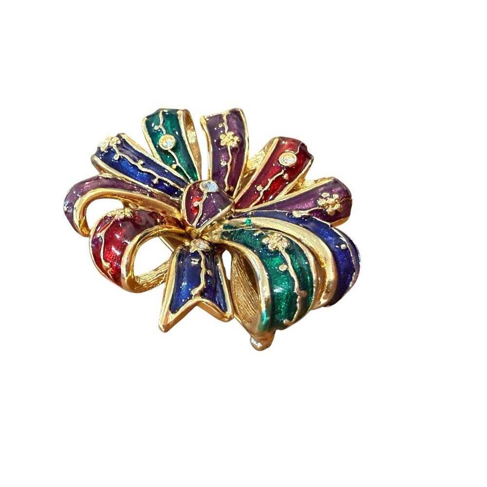 JOAN RIVERS Signed Goldtone Enamel Bow with Rhinestone Brooch Pin Red Green - Picture 4 of 8